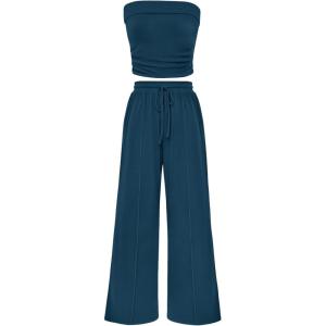 imagePRETTYGARDEN Womens Summer Outfits 2 Piece Sets Casual Ribbed Knit Crop Tube Top Wide Leg Pants Spring Matching Lounge SetDark Blue