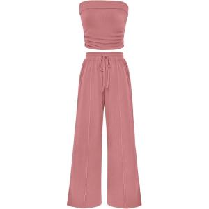 imagePRETTYGARDEN Womens Summer Outfits 2 Piece Sets Casual Ribbed Knit Crop Tube Top Wide Leg Pants Spring Matching Lounge SetDusty Pink
