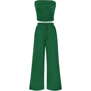 imagePRETTYGARDEN Womens Summer Outfits 2 Piece Sets Casual Ribbed Knit Crop Tube Top Wide Leg Pants Spring Matching Lounge SetGreen