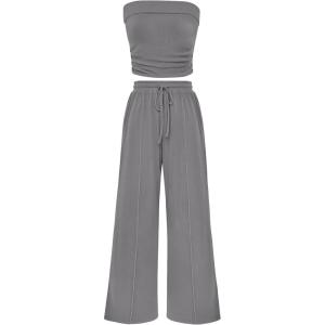 imagePRETTYGARDEN Womens Summer Outfits 2 Piece Sets Casual Ribbed Knit Crop Tube Top Wide Leg Pants Spring Matching Lounge SetGrey