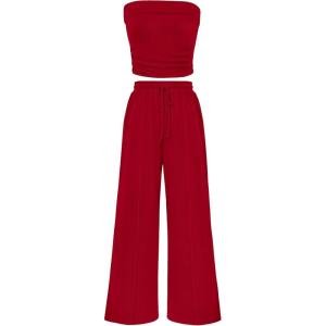 imagePRETTYGARDEN Womens Summer Outfits 2 Piece Sets Casual Ribbed Knit Crop Tube Top Wide Leg Pants Spring Matching Lounge SetRed