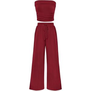 imagePRETTYGARDEN Womens Summer Outfits 2 Piece Sets Casual Ribbed Knit Crop Tube Top Wide Leg Pants Spring Matching Lounge SetWine Red