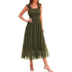 imagePRETTYGARDEN Womens Summer Tulle Midi Dress Sleeveless Smocked Ruffle Flowy Mesh Dresses Party Wedding Guest SundressArmy Green