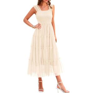 imagePRETTYGARDEN Womens Summer Tulle Midi Dress Sleeveless Smocked Ruffle Flowy Mesh Dresses Party Wedding Guest SundressBeige
