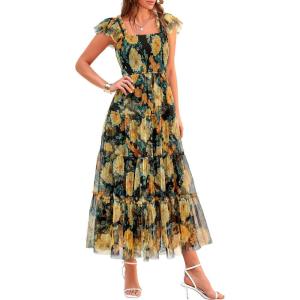 imagePRETTYGARDEN Womens Summer Tulle Midi Dress Sleeveless Smocked Ruffle Flowy Mesh Dresses Party Wedding Guest SundressFloral Black Yellow