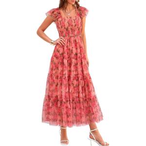 imagePRETTYGARDEN Womens Summer Tulle Midi Dress Sleeveless Smocked Ruffle Flowy Mesh Dresses Party Wedding Guest SundressFloral Orange Pink Red