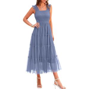 imagePRETTYGARDEN Womens Summer Tulle Midi Dress Sleeveless Smocked Ruffle Flowy Mesh Dresses Party Wedding Guest SundressGrey Blue