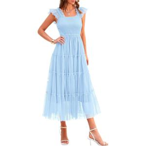 imagePRETTYGARDEN Womens Summer Tulle Midi Dress Sleeveless Smocked Ruffle Flowy Mesh Dresses Party Wedding Guest SundressLight Blue
