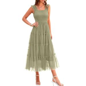 imagePRETTYGARDEN Womens Summer Tulle Midi Dress Sleeveless Smocked Ruffle Flowy Mesh Dresses Party Wedding Guest SundressLight Green