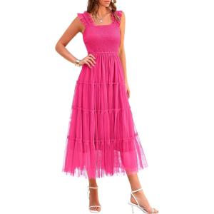 imagePRETTYGARDEN Womens Summer Tulle Midi Dress Sleeveless Smocked Ruffle Flowy Mesh Dresses Party Wedding Guest SundressRose Red