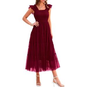 imagePRETTYGARDEN Womens Summer Tulle Midi Dress Sleeveless Smocked Ruffle Flowy Mesh Dresses Party Wedding Guest SundressWine Red