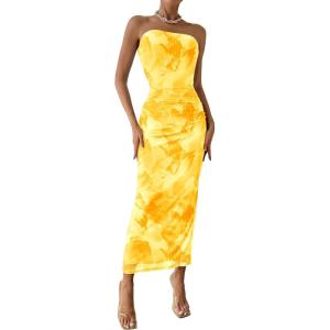 imagePRETTYGARDEN Womens Summer Wedding Guest Dress Strapless Tube Top Maxi Bodycon Long Floral Mesh Beach Vacation Party DressesFloral Yellow