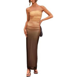 imagePRETTYGARDEN Womens Summer Wedding Guest Dress Strapless Tube Top Maxi Bodycon Long Floral Mesh Beach Vacation Party DressesGradient Apricot Brown