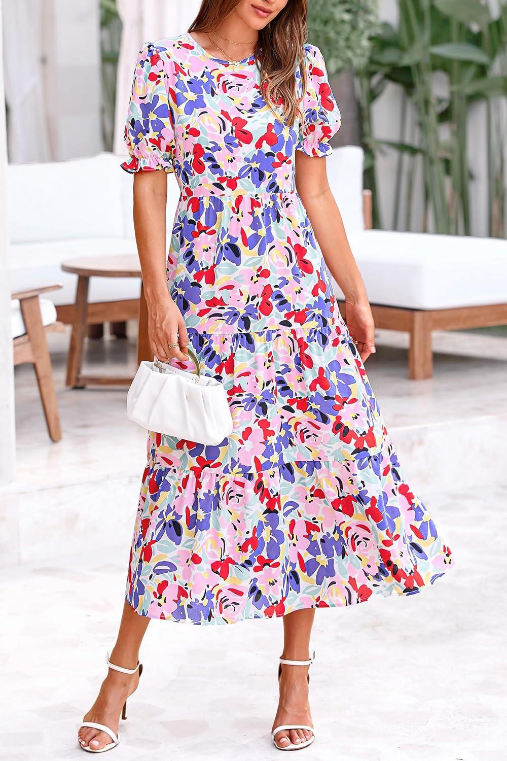imagePRETTYGARDEN Summer Dresses for Women 2025 Casual Floral Boho Midi Sun Dress Puff Short Sleeve Flowy Beach Vacation SundressPrint Multicolored