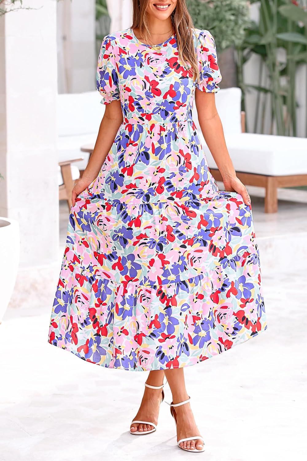 imagePRETTYGARDEN Summer Dresses for Women 2025 Casual Floral Boho Midi Sun Dress Puff Short Sleeve Flowy Beach Vacation SundressPrint Multicolored