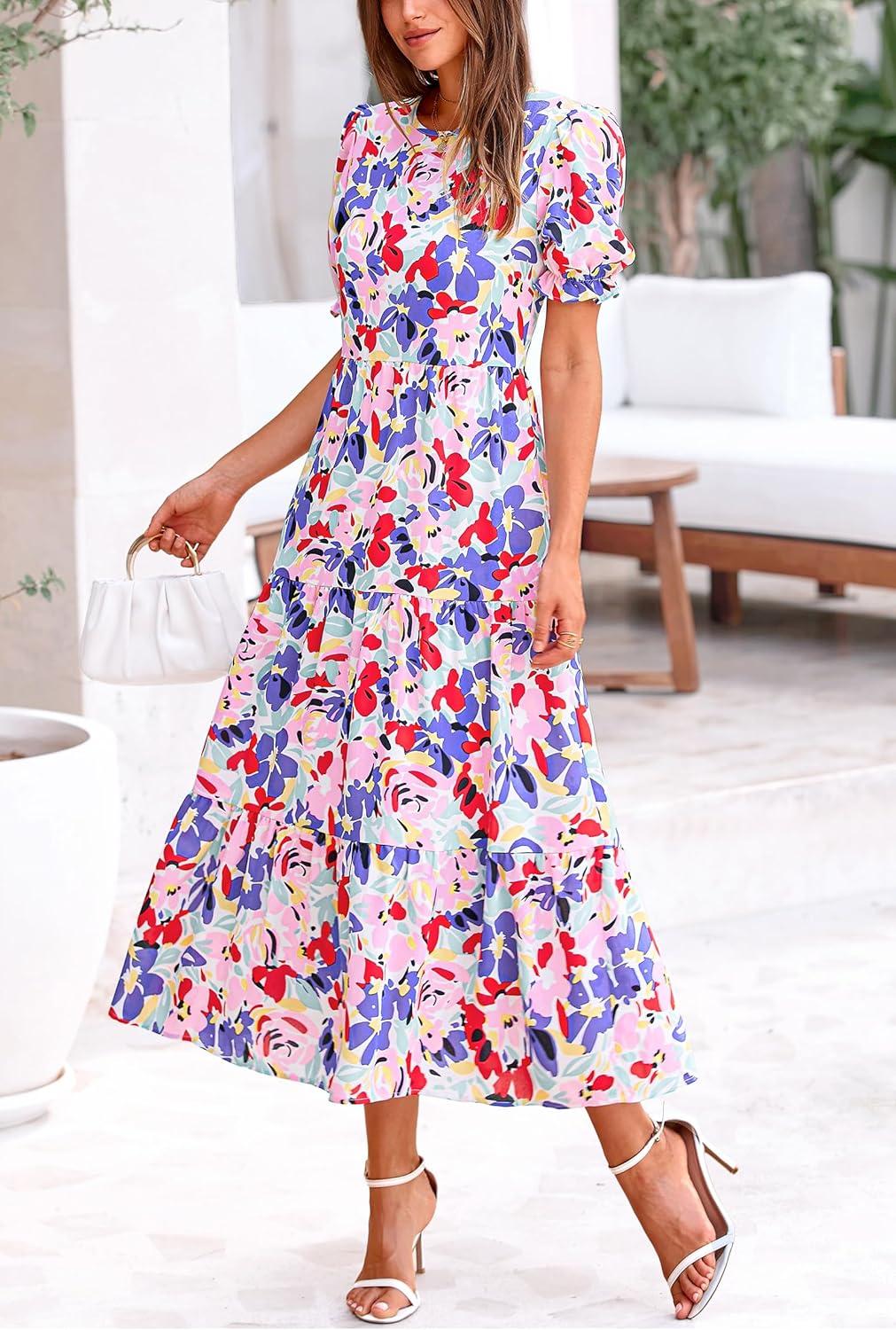 imagePRETTYGARDEN Summer Dresses for Women 2025 Casual Floral Boho Midi Sun Dress Puff Short Sleeve Flowy Beach Vacation SundressPrint Multicolored