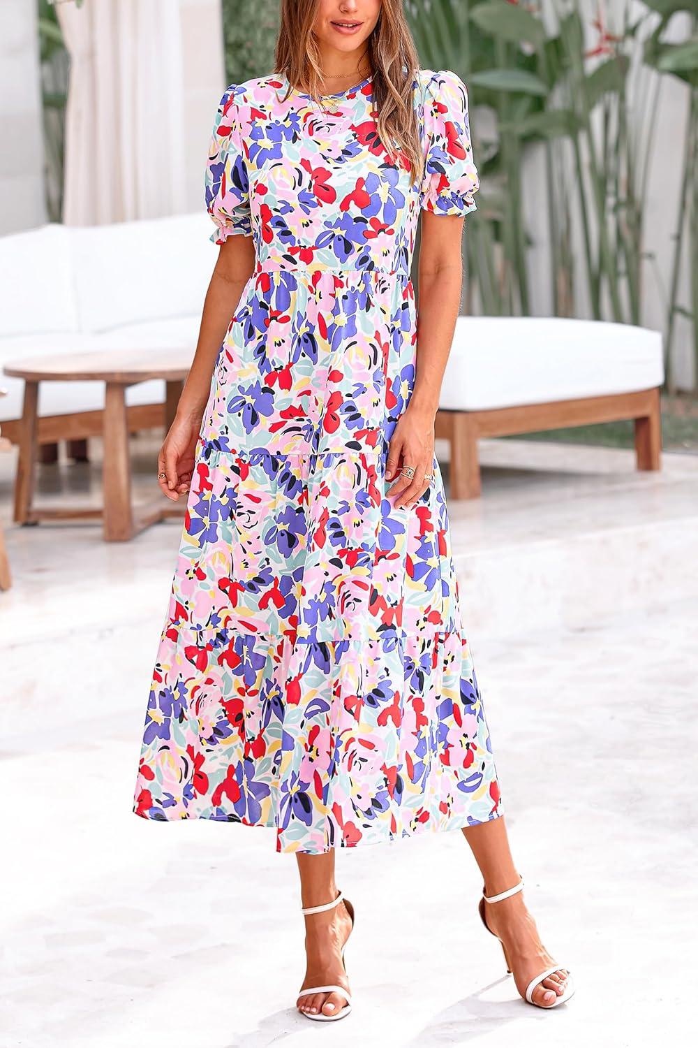 imagePRETTYGARDEN Summer Dresses for Women 2025 Casual Floral Boho Midi Sun Dress Puff Short Sleeve Flowy Beach Vacation SundressPrint Multicolored