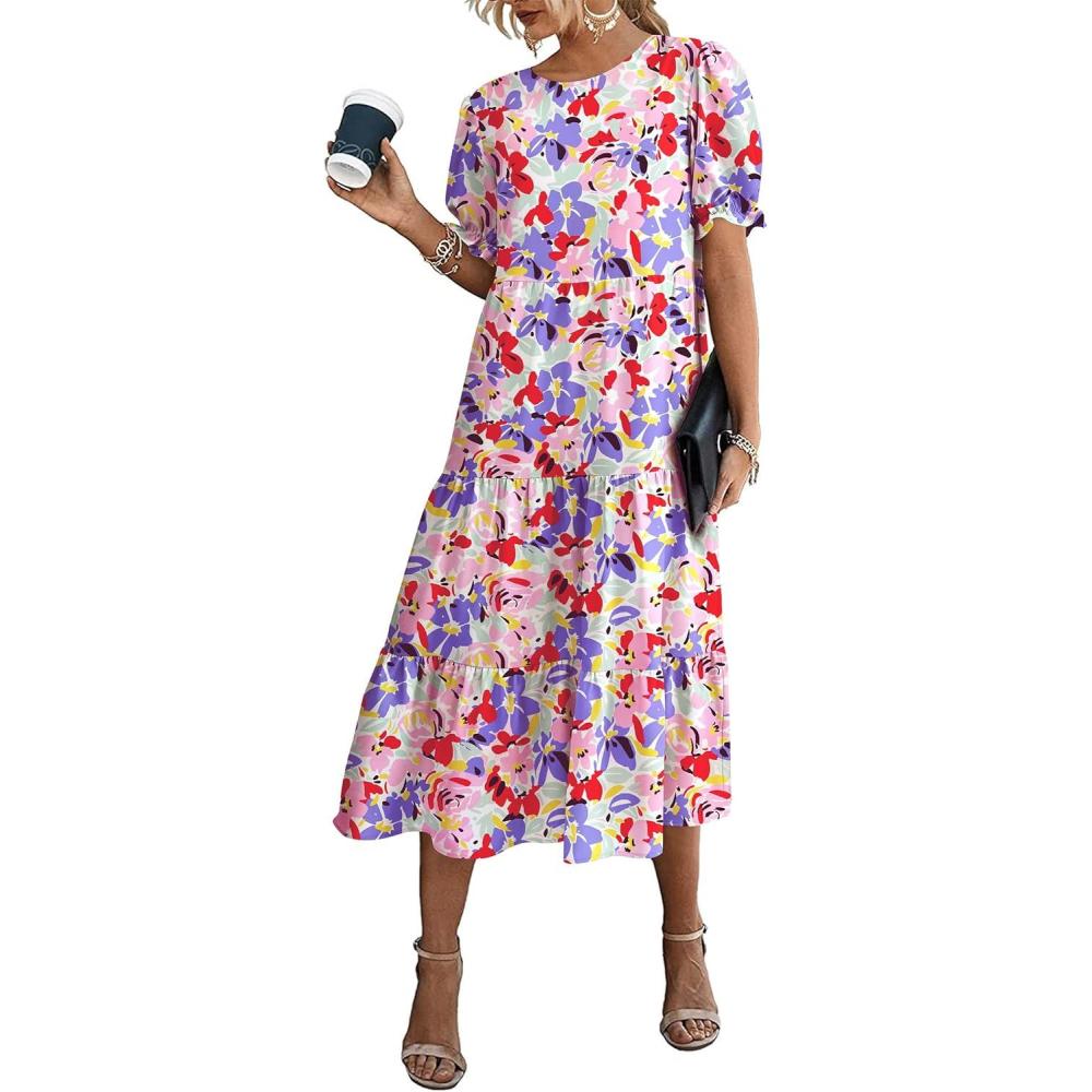 imagePRETTYGARDEN Summer Dresses for Women 2025 Casual Floral Boho Midi Sun Dress Puff Short Sleeve Flowy Beach Vacation SundressPrint Multicolored