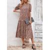imagePRETTYGARDEN Summer Dresses for Women 2025 Casual Floral Boho Midi Sun Dress Puff Short Sleeve Flowy Beach Vacation SundressKhaki Black Leopard