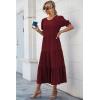 imagePRETTYGARDEN Summer Dresses for Women 2025 Casual Floral Boho Midi Sun Dress Puff Short Sleeve Flowy Beach Vacation SundressSolid Wine Red