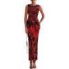 imagePRETTYGARDEN Wedding Guest Dresses for Women 2025 Summer Spring Floral Bodycon Sleeveless Mesh Maxi Long DressBlack Red Flower