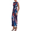 imagePRETTYGARDEN Wedding Guest Dresses for Women 2025 Summer Spring Floral Bodycon Sleeveless Mesh Maxi Long DressFloral Grey Blue