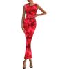 imagePRETTYGARDEN Wedding Guest Dresses for Women 2025 Summer Spring Floral Bodycon Sleeveless Mesh Maxi Long DressRed Floral
