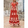 imagePRETTYGARDEN Womens 2025 Summer Casual V Neck Boho Maxi Dress Flowy Aline Bell Sleeve Tiered Floral Dresses with PocketFloral Brick Red White