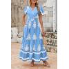 imagePRETTYGARDEN Womens 2025 Summer Casual V Neck Boho Maxi Dress Flowy Aline Bell Sleeve Tiered Floral Dresses with PocketFloral Sky Blue White
