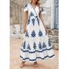 imagePRETTYGARDEN Womens 2025 Summer Casual V Neck Boho Maxi Dress Flowy Aline Bell Sleeve Tiered Floral Dresses with PocketFloral White Blue