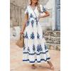 imagePRETTYGARDEN Womens 2025 Summer Casual V Neck Boho Maxi Dress Flowy Aline Bell Sleeve Tiered Floral Dresses with PocketFloral White Blue
