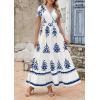 imagePRETTYGARDEN Womens 2025 Summer Casual V Neck Boho Maxi Dress Flowy Aline Bell Sleeve Tiered Floral Dresses with PocketFloral White Blue