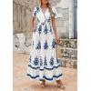 imagePRETTYGARDEN Womens 2025 Summer Casual V Neck Boho Maxi Dress Flowy Aline Bell Sleeve Tiered Floral Dresses with PocketFloral White Blue