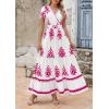 imagePRETTYGARDEN Womens 2025 Summer Casual V Neck Boho Maxi Dress Flowy Aline Bell Sleeve Tiered Floral Dresses with PocketFloral White Rose Red
