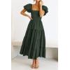 imagePRETTYGARDEN Womens Casual Summer Midi Dress Puffy Short Sleeve Square Neck Smocked Tiered Ruffle DressesArmy Green
