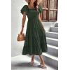 imagePRETTYGARDEN Womens Casual Summer Midi Dress Puffy Short Sleeve Square Neck Smocked Tiered Ruffle DressesArmy Green