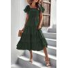 imagePRETTYGARDEN Womens Casual Summer Midi Dress Puffy Short Sleeve Square Neck Smocked Tiered Ruffle DressesArmy Green