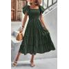 imagePRETTYGARDEN Womens Casual Summer Midi Dress Puffy Short Sleeve Square Neck Smocked Tiered Ruffle DressesArmy Green