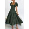 imagePRETTYGARDEN Womens Casual Summer Midi Dress Puffy Short Sleeve Square Neck Smocked Tiered Ruffle DressesArmy Green