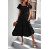 imagePRETTYGARDEN Womens Casual Summer Midi Dress Puffy Short Sleeve Square Neck Smocked Tiered Ruffle DressesBlack
