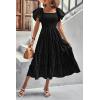 imagePRETTYGARDEN Womens Casual Summer Midi Dress Puffy Short Sleeve Square Neck Smocked Tiered Ruffle DressesBlack