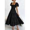 imagePRETTYGARDEN Womens Casual Summer Midi Dress Puffy Short Sleeve Square Neck Smocked Tiered Ruffle DressesBlack