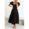 imagePRETTYGARDEN Womens Casual Summer Midi Dress Puffy Short Sleeve Square Neck Smocked Tiered Ruffle DressesBlack