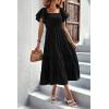 imagePRETTYGARDEN Womens Casual Summer Midi Dress Puffy Short Sleeve Square Neck Smocked Tiered Ruffle DressesBlack