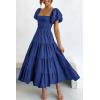 imagePRETTYGARDEN Womens Casual Summer Midi Dress Puffy Short Sleeve Square Neck Smocked Tiered Ruffle DressesBlue