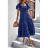 imagePRETTYGARDEN Womens Casual Summer Midi Dress Puffy Short Sleeve Square Neck Smocked Tiered Ruffle DressesBlue
