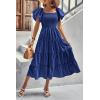 imagePRETTYGARDEN Womens Casual Summer Midi Dress Puffy Short Sleeve Square Neck Smocked Tiered Ruffle DressesBlue