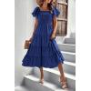 imagePRETTYGARDEN Womens Casual Summer Midi Dress Puffy Short Sleeve Square Neck Smocked Tiered Ruffle DressesBlue