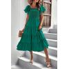 imagePRETTYGARDEN Womens Casual Summer Midi Dress Puffy Short Sleeve Square Neck Smocked Tiered Ruffle DressesDark Green