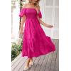 imagePRETTYGARDEN Womens Casual Summer Midi Dress Puffy Short Sleeve Square Neck Smocked Tiered Ruffle DressesDark Rose Red